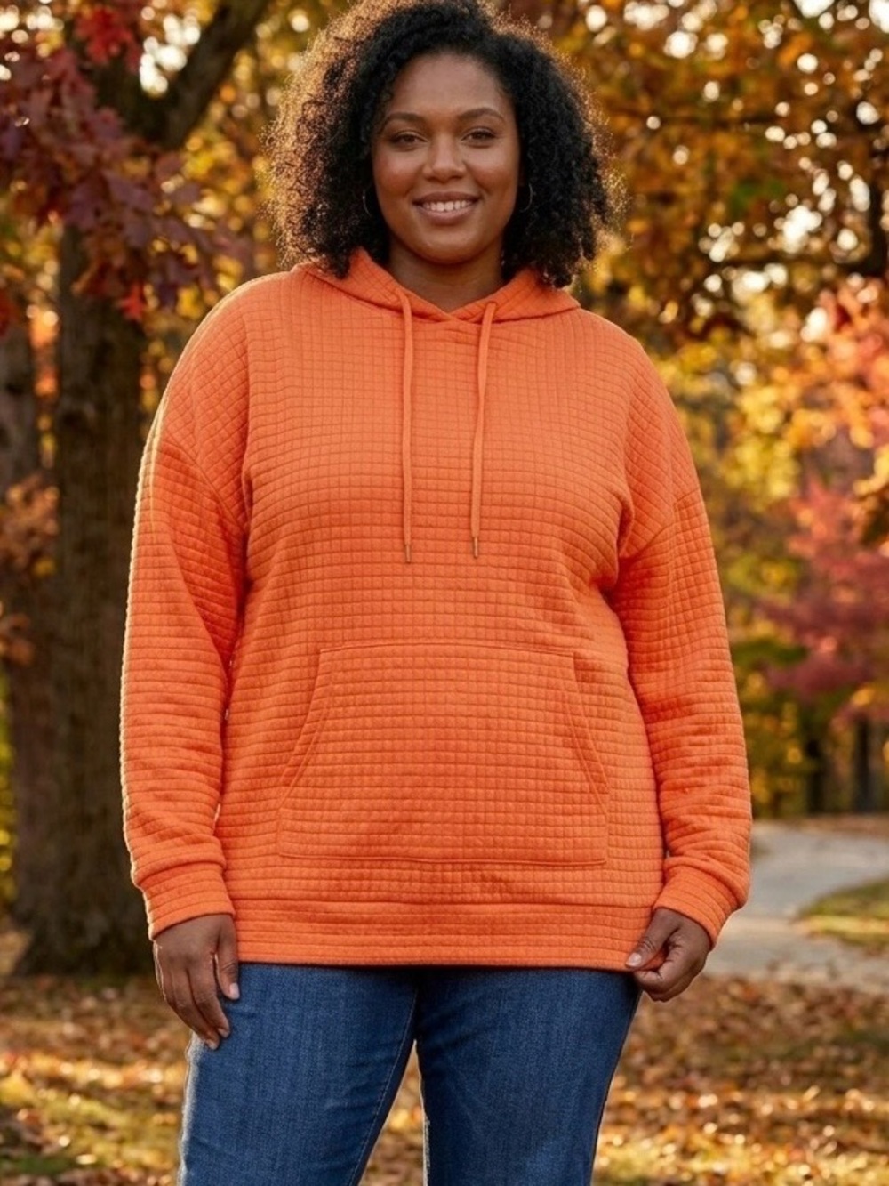 Orange Waffle-Knit Hooded Pullover Sweatshirt